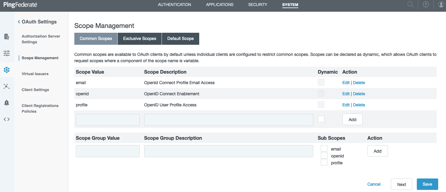 Screen capture of the Common Scopes tab on the Scope Management window, displaying the values of email, openid, and profile added to the Scope Value list