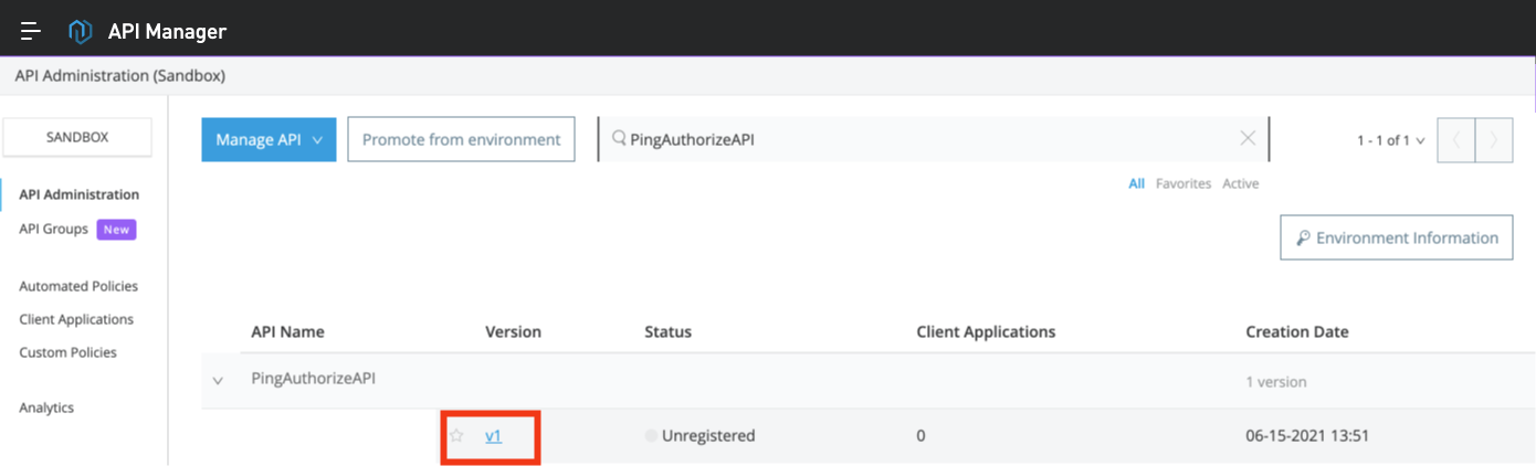 Screen capture of the Manage API screen in the MuleSoft API Manager with a callout highlighting the Version value