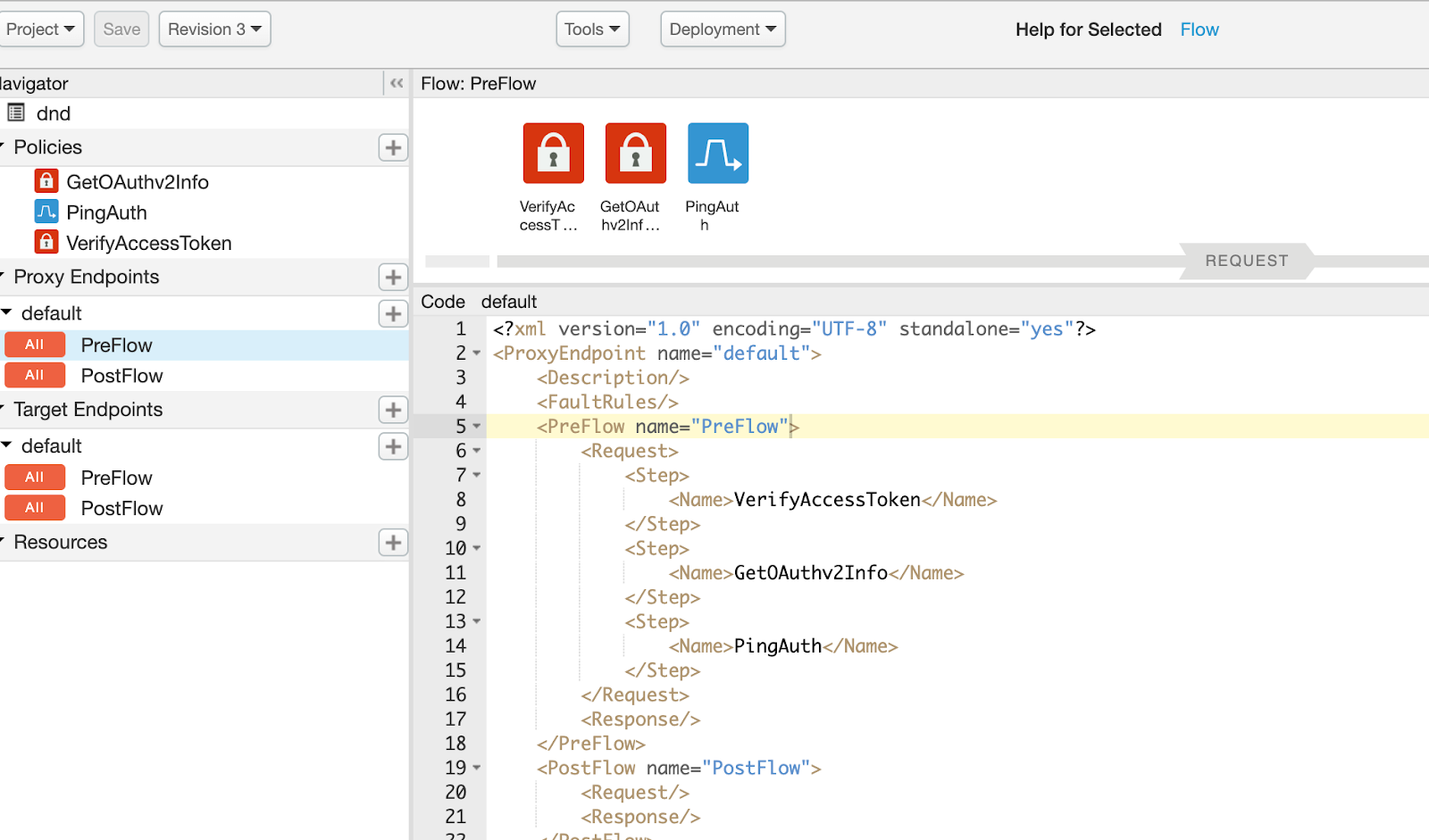 Screen capture of the API proxy with the PingAuth Shared Flow configured with token policies as specified