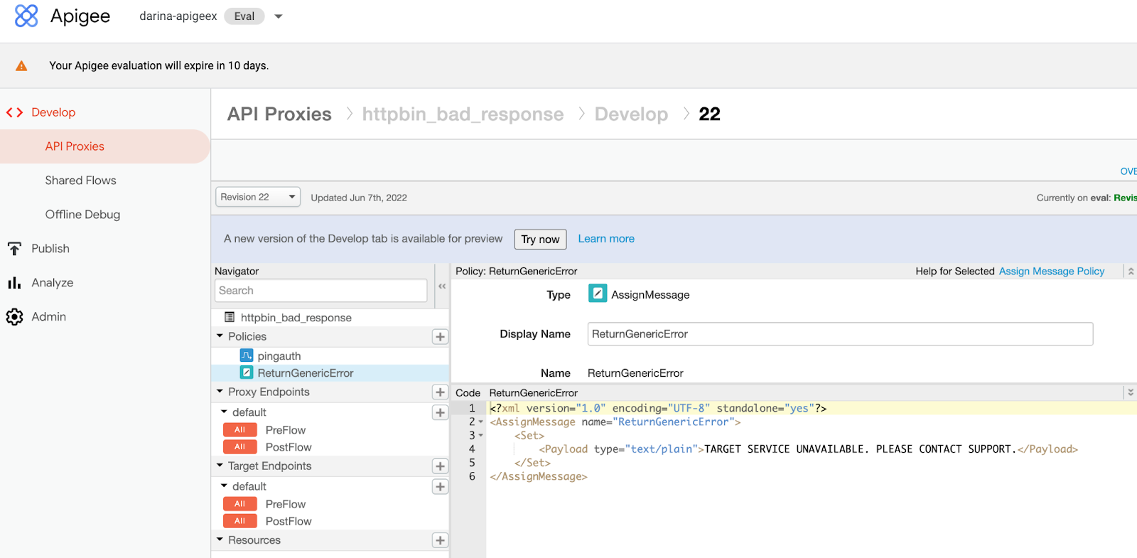 Screen capture of the ReturnGenericError policy creation within Apigee