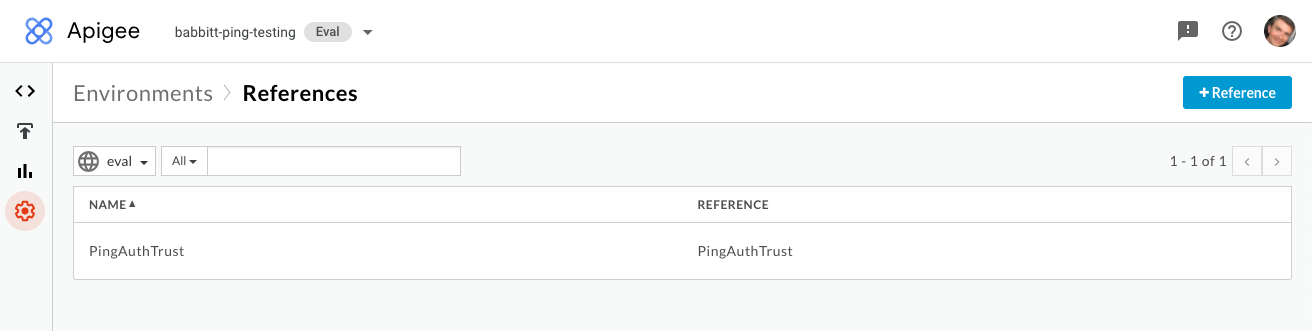 Screen capture of the Apigee References page after creating a PingAuthorize keystore reference called PingAuthTrust