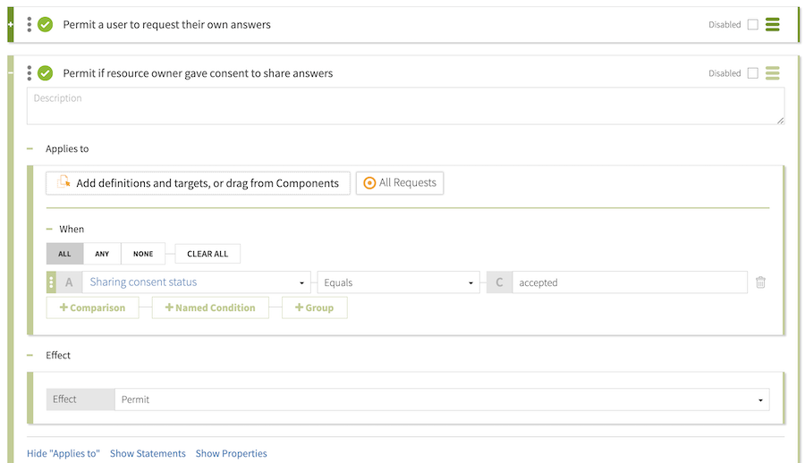 Screen capture that shows the rule to permit if the resource owner gave consent to share answers, configured as specified