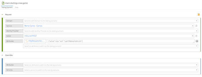 Screen capture of the Testing Scenario tab showing a request with the Meme Game - Games service, the inbound-POST action, and the HttpRequest.AccessToken attribute set to a value of {"active": true, "sub": "user.99@example.com"}