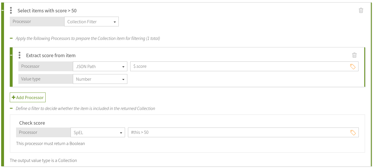 Screen capture of a collection filter with a processor to extract the score of each item and check whether it is greater than 50