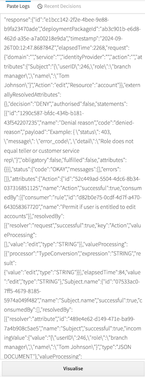 Screen capture of a query audit log response entry copied into the Paste Logs field of the Decision Visualizer.