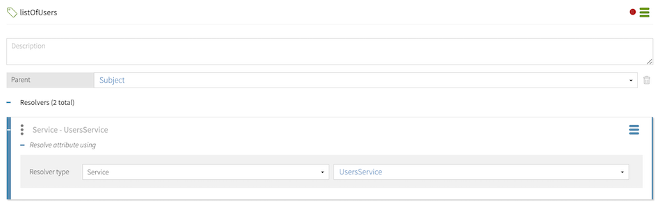 Screen capture of the Subject.listOfUsers attribute. The attribut is defined with a UsersService service resolver.