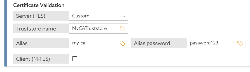 Screen capture of the Certificate Validation section showing the configured key store.