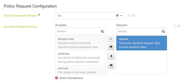 Screen capture of the Decision Response View in the Policy Request Configuration section of the admin console, with the request view selected