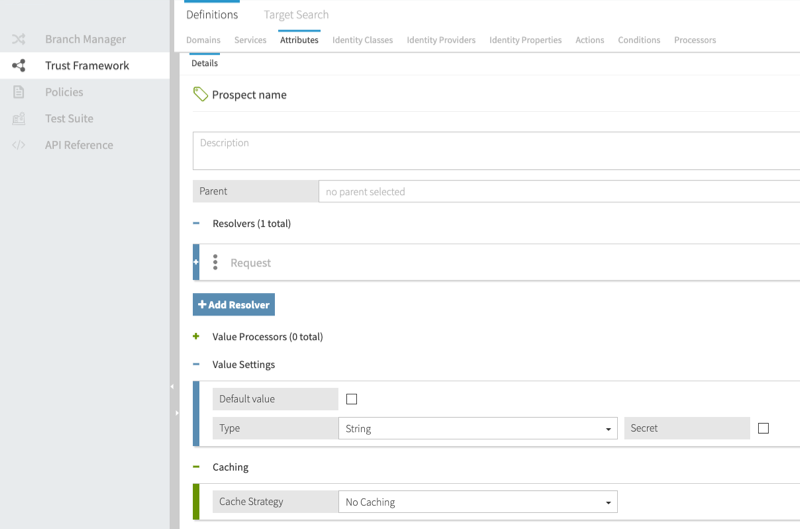 Screen capture of the Prospect name attribute definition on the Attributes tab of the Trust Framework.