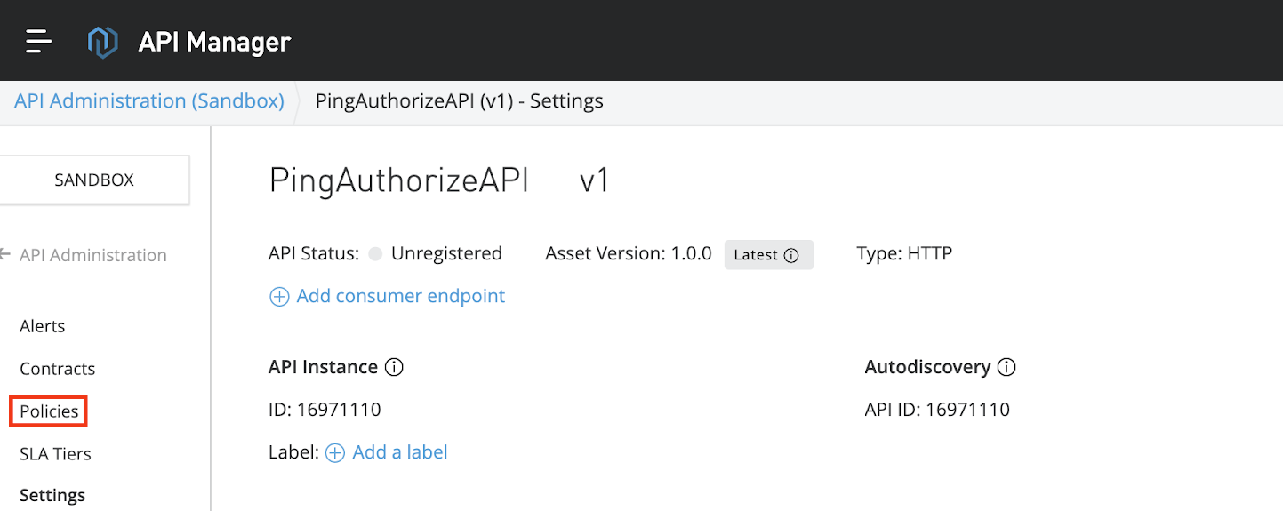 Screen capture of the PingAuthorizeAPI v1 - Settings window under the Policies tab (highlighted) in the MuleSoft API Manager