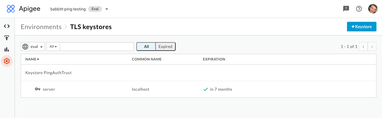 Screen capture of the TLS keystores page in Apigee with a PingAuth keystore that contains the server certificate