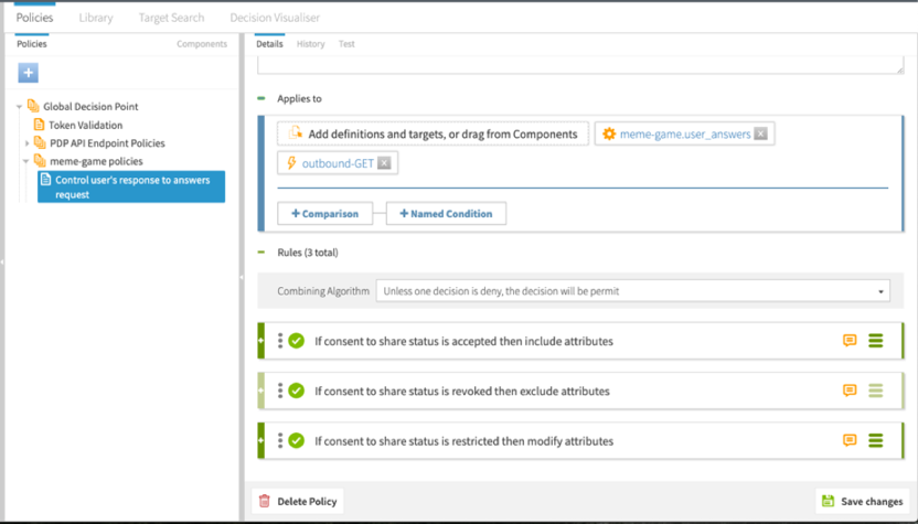 Screen capture of the user policy with the target and the three rules, configured as specified