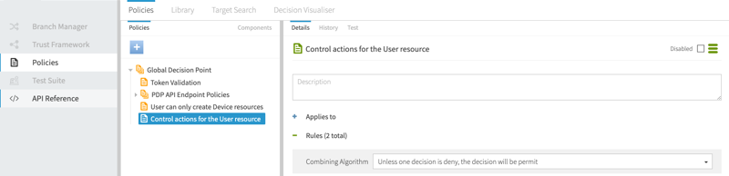 Screen capture of the Policies tab displaying the Control actions for the User resource policy, configured as specified