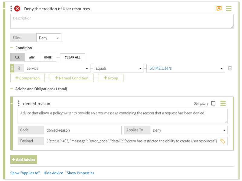 Screen capture of the Deny the creation of User resources rule and its advice, configured as specified