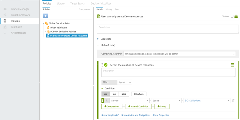 Screen capture of the Policies tab with the User can only create Device resources policy showing, configured as specified