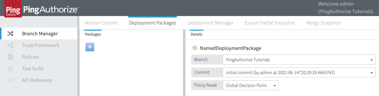 Screen shot of the Deployment Packages tab of the Branch Manager settings, with a new policy deployment package created as specified