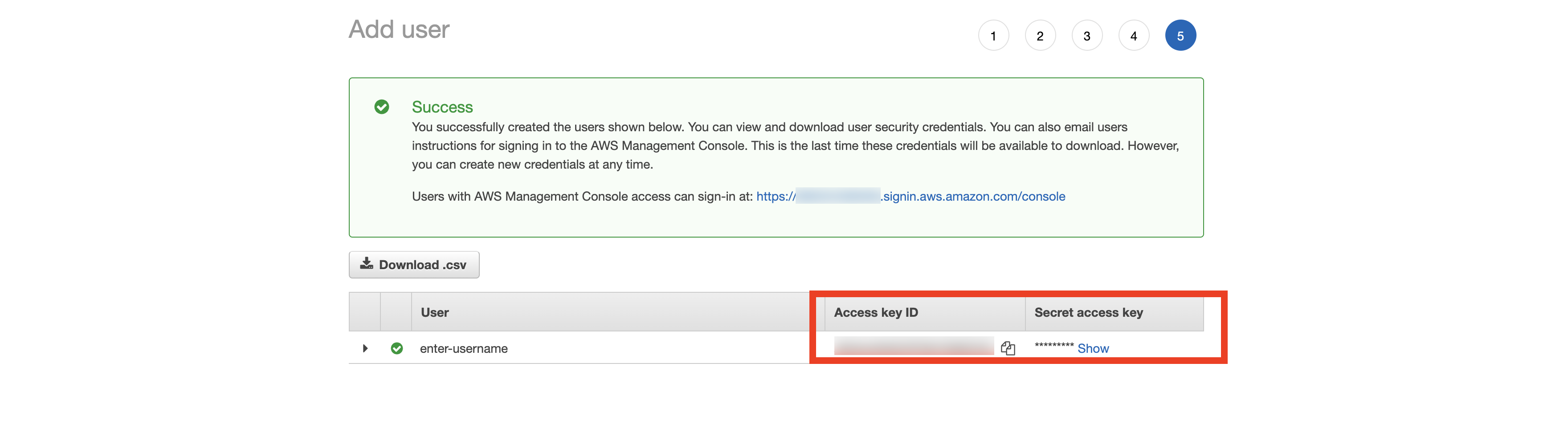 Screen capture of the IAM Add user Success screen with the Access key ID and Secret access key highlighted