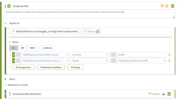 Screen capture of the Scope: profile rule with a permit effect, configured as specified with an Applies To target, two comparison Conditions, and an Include profile attributes statement, flagged as Obligatory