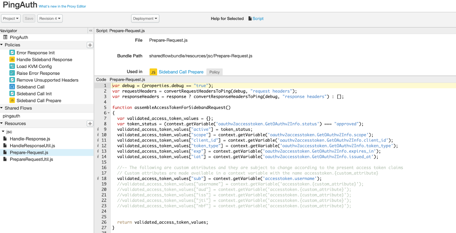 Screen capture of the Prepare-Request.js editor window for the PingAuth Shared Flow, with the username attribute mapped to sub