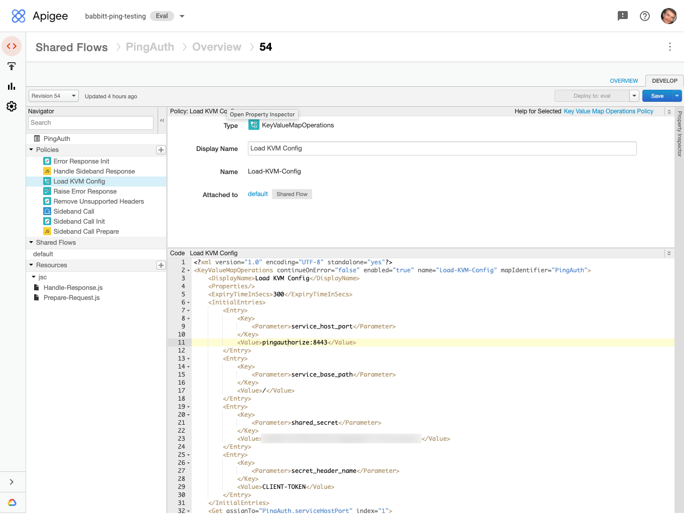 Screen capture of the Apigee X key value map configuration for the PingAuth Shared Flow