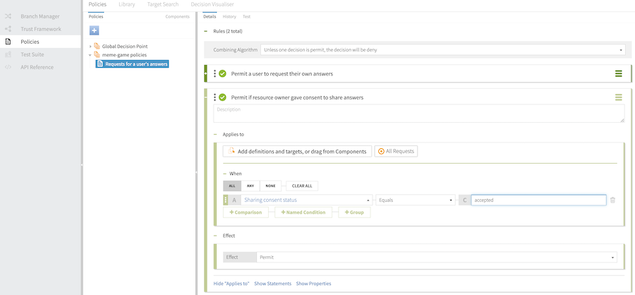 Screen capture that shows the rule to permit if the resource owner gave consent to share answers, configured as specified