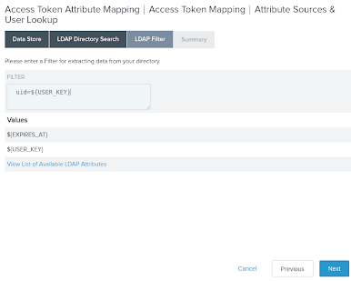 Screen capture of the LDAP Filter tab on the Access Token Attribute Mapping window with a Filter field entry of uid=${USER_KEY}