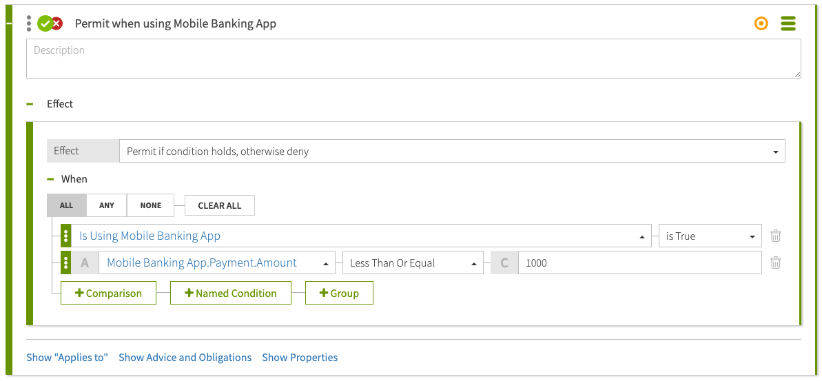 Screen capture of a rule with no Applies to criteria and a Permit if condition holds, otherwise deny effect with conditions.