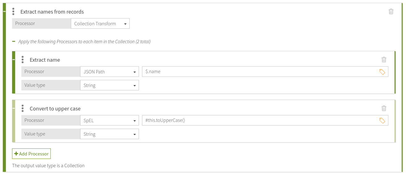 Screen capture showing a collection transform that extract names and converts them to upper case using two processors