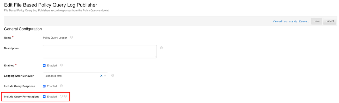 Screen capture of the Policy Query Logger configuration page with the Enable Query Permutations check box selected.