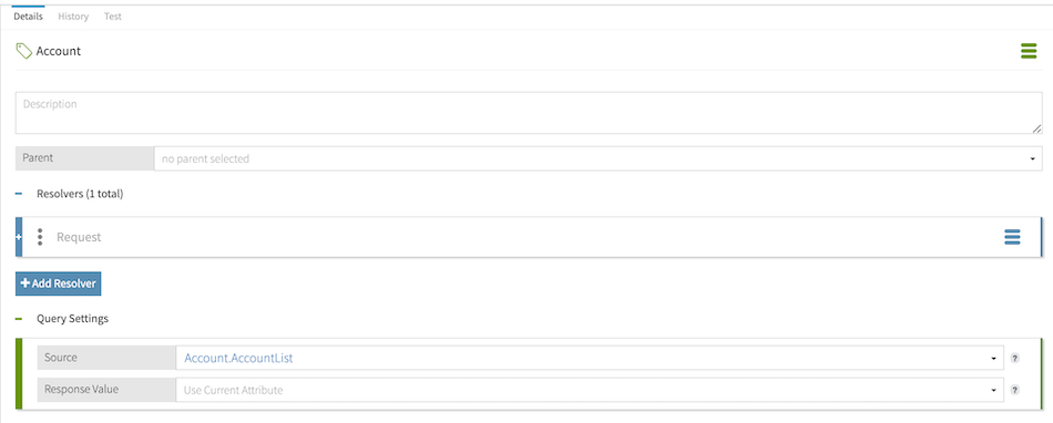 Screen capture of the Account attribute with query settings enabled. The Account.AccountList attribute is selected as the source.