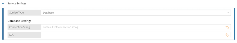 Screen capture of the Service Settings section in the Policy Editor for a newly defined Database service