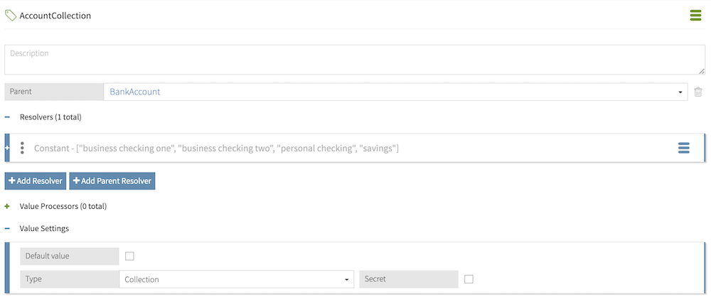 Screen capture of an example AccountCollection attribute resolving from a constant