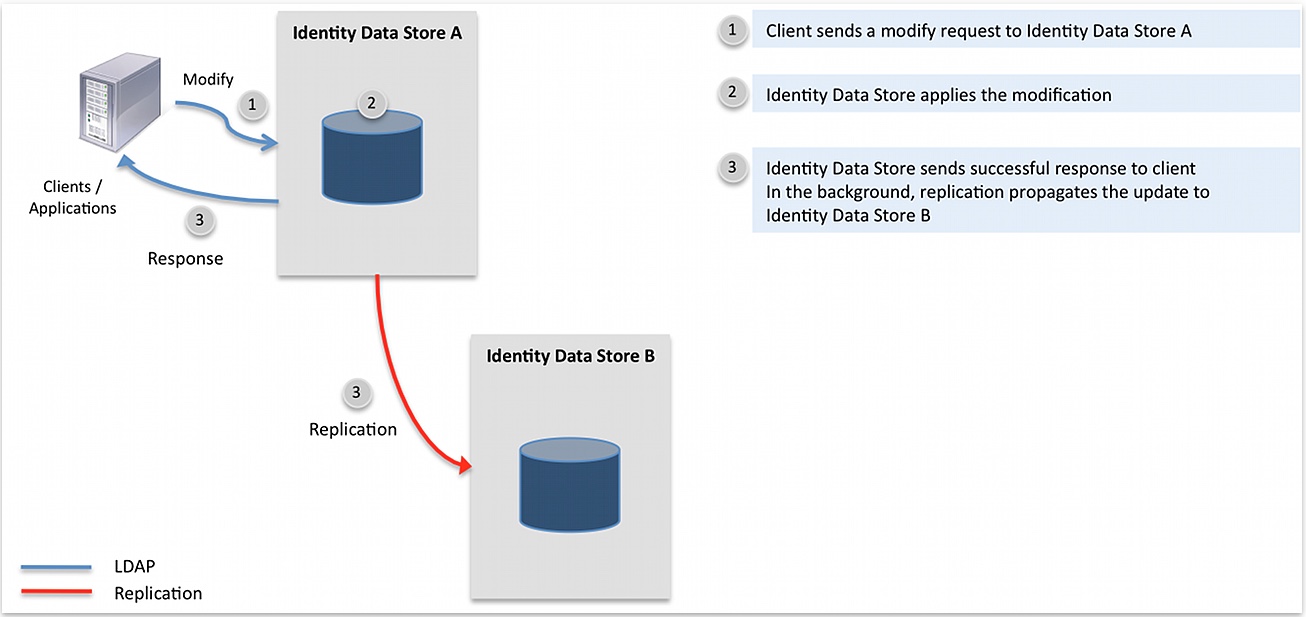 Diagram illustrating the replication process, where service provider modify requests to one server are automatically copied to a second server instance.