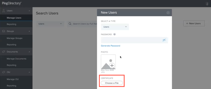 A screen capture showing the Delegated Admin application New User page with Choose a File highlighted.