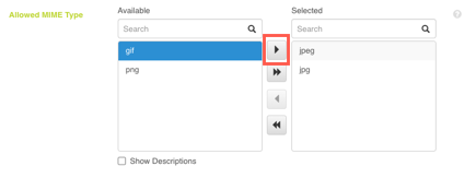 A screen capture showing the Delegated Admin new photo attribute Allowed Mime Type Available and Selected columns with the selection arrows highlighted.