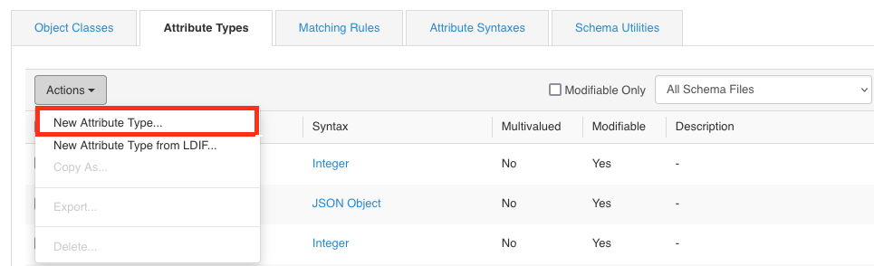 A screen capture showing the Actions list in the Attribute Types tab with the New Attribute Types option highlighted.