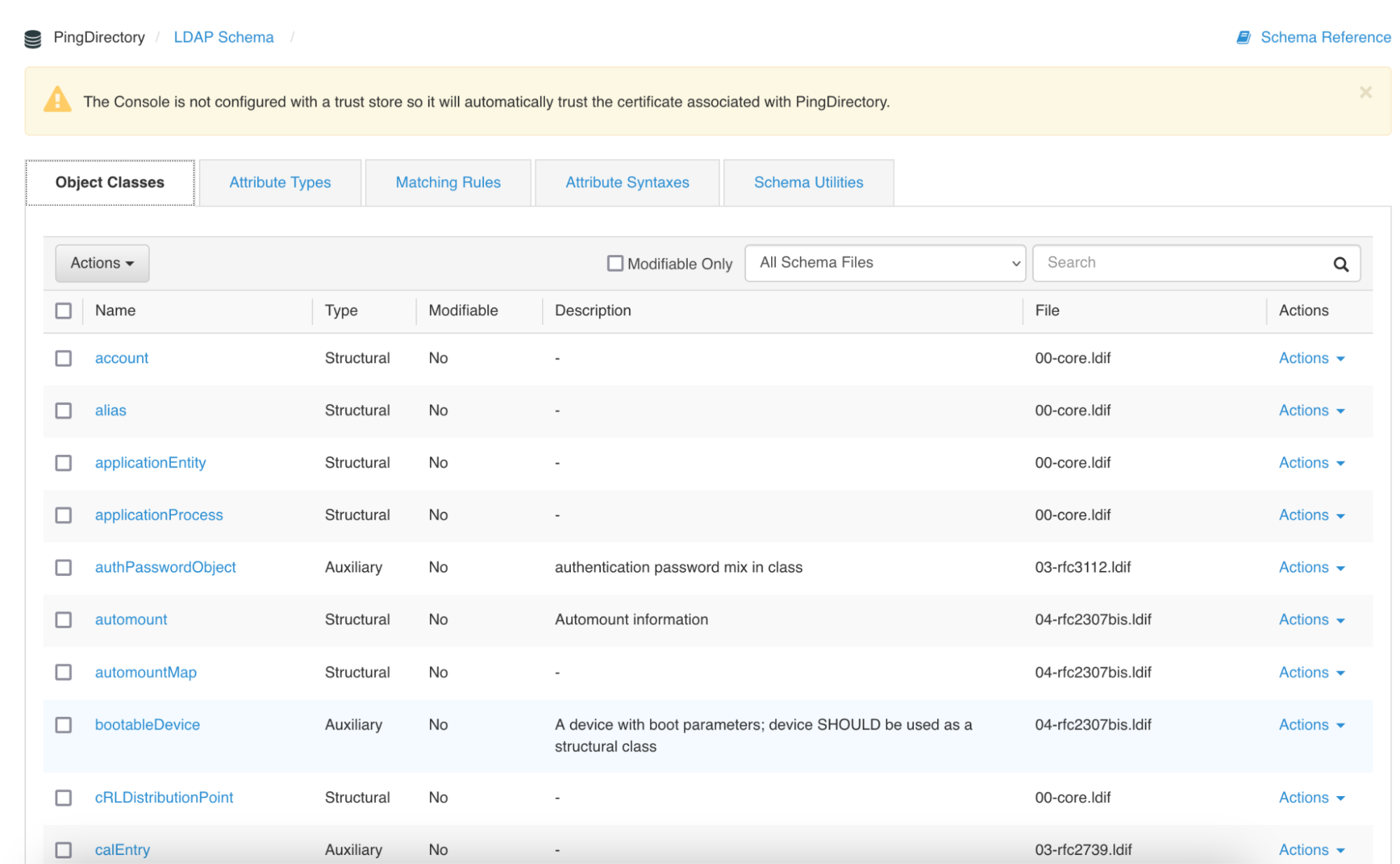 A screen capture of a sample LDAP Schema Editor Object Classes tab. The other tabs across the top are as described in the previous list, and the columns shown are titled Name, Type, Modifiable, Description, File, and Actions.