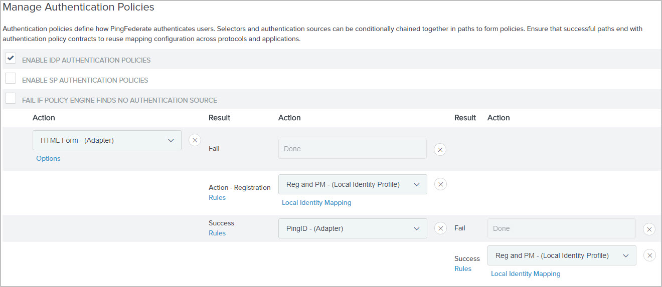 A screen capture of configuring an authentication policy to enable to route users through the HTML Form Adapter to PingID