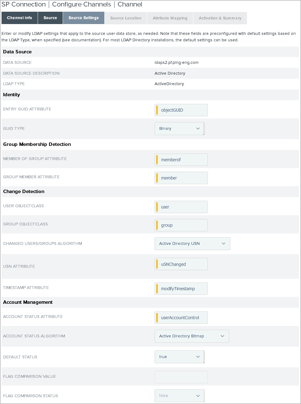 Screen capture illustrating the Source Settings tab, based on a Microsoft Active Directory user store.