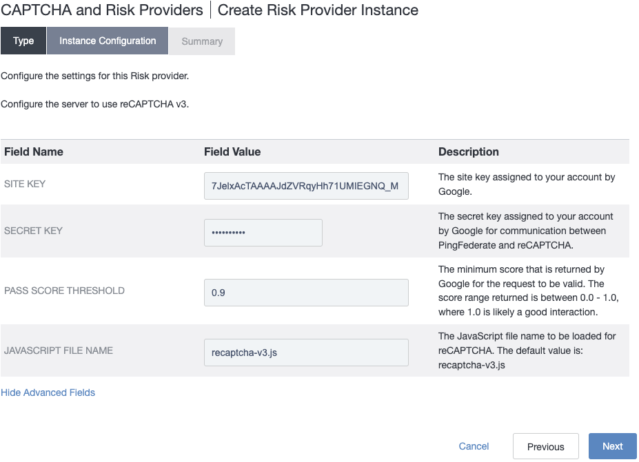 Screenshot of the Create Captcha and Risk Providers Instance page’s Instance Configuration tab