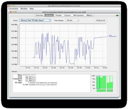 Screenshot of the Memory tab showing how the pattern resembles a jagged sawtooth in an undersized heap.