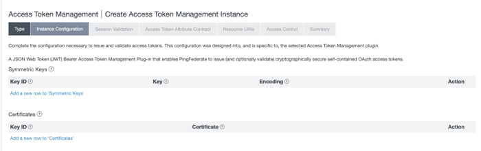 A screen capture of the Symmetric keys section in the Create Token Management Instance window configuration. There are Symmetric Keys and Certificates sections.