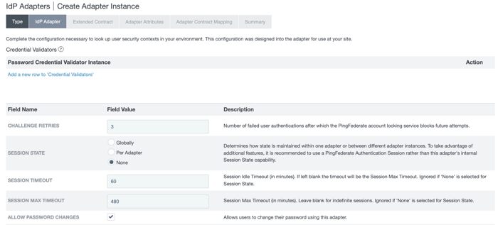 Screen capture of the IdP Adapter tab and adapter instance configuration for self-service password management. The Allow Password Changes checkbox is selected.