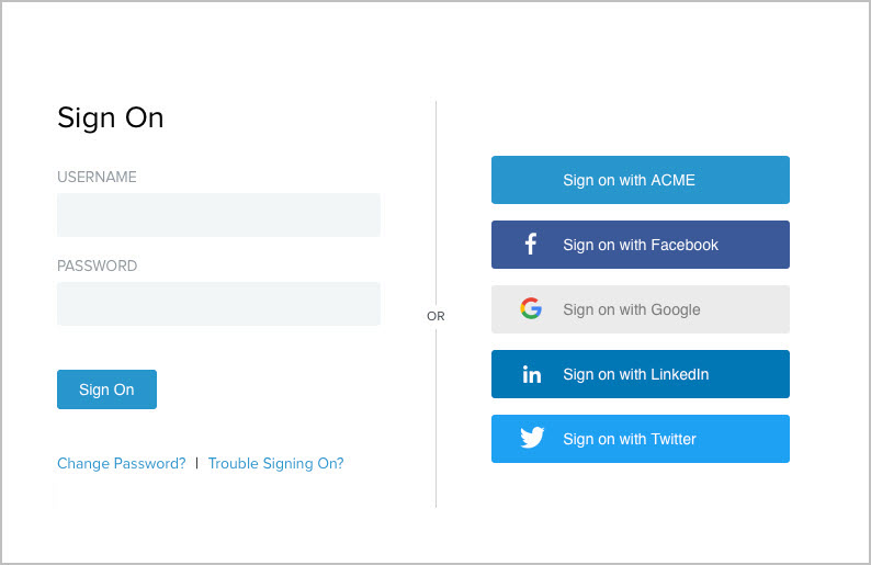 A screen capture of a sample sign-on page with an option to sign on with ACME and more