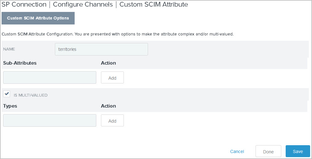 Screen capture illustrating a multivalued attribute on the Custom SCIM Attribute Options tab.