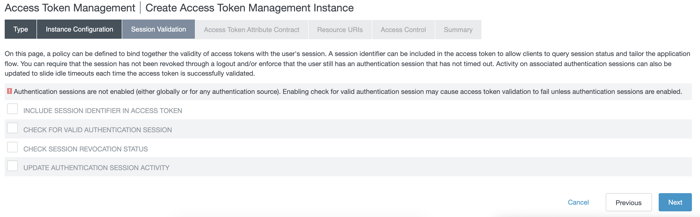 Access token management window, Session validation tab.