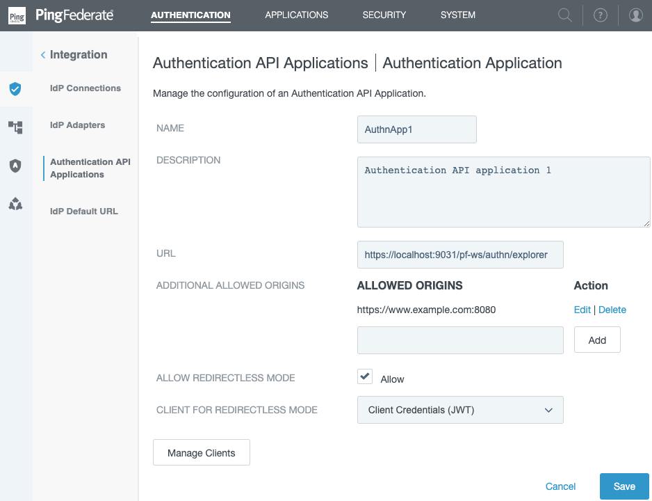 The Authentication Application window in PingFederate