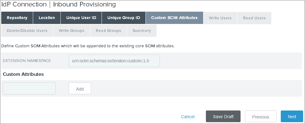 Screen capture of the Custom SCIM Attributes tab