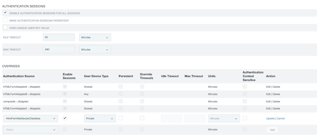 A screen capture of the Overrides section in the Authentication Sessions window configuration. There are fields for authentication source, enable sessions, user device type, persistent, override timeouts, idle timeout, max timeout, units, authentication context sensitive, and action.