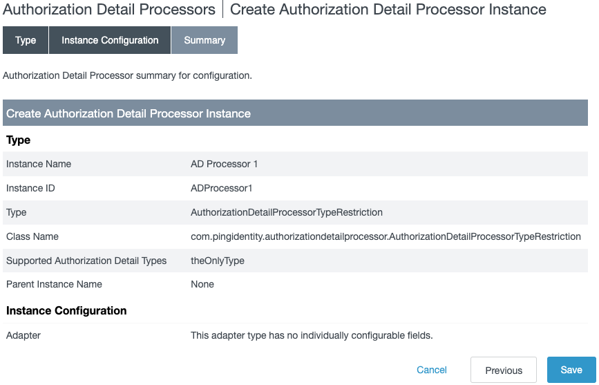 Screen capture of the Summary tab of the Create Authorization Detail Processor Instance window